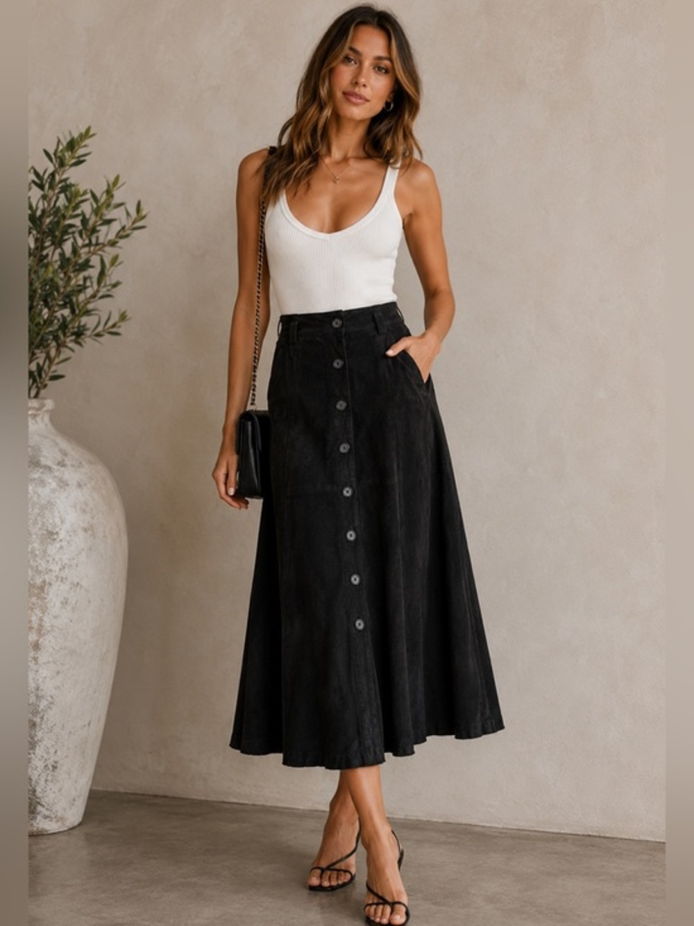 Ann Tjian Vintage Black Suede Button-Front Flare Maxi Skirt